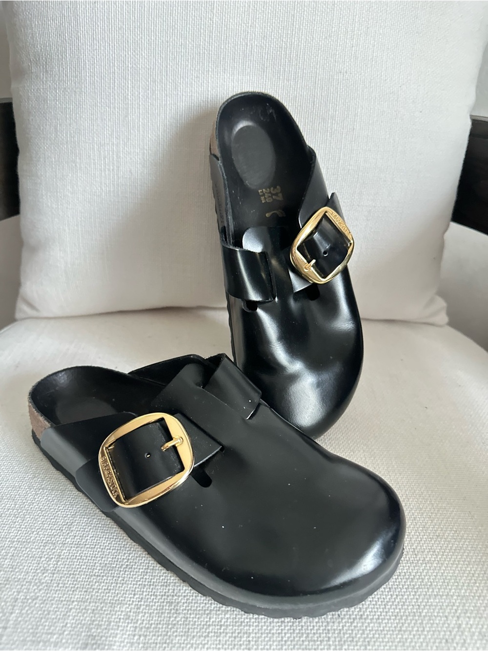 Birkenstock Black Slip-On Clogs with Gold Buckles